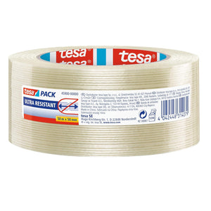 tesapack Ultra Resistant Filamentband - Ultra starkes Premium-Klebeband, glasfaserverstärkt - für schwere Kartons bis zu 30 kg und zur Transportsicherung - 50 m x 50 mm - Transparent
