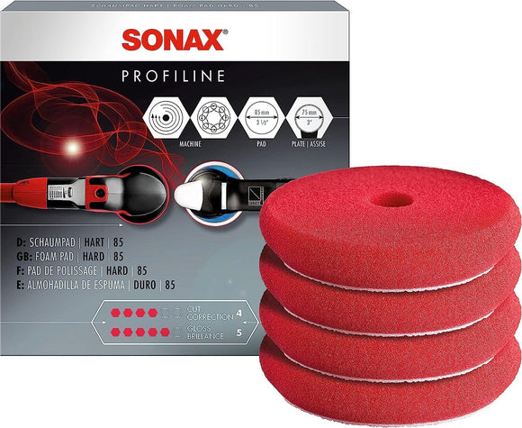 SONAX SchaumPad Polierschwamm Politurpad hart 85mm rot feinporig 4er Pack